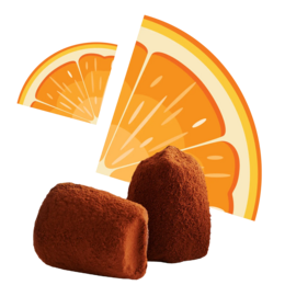  Chocolate truffles in various sizes, with orange slices. Includes details on colors, materials, and shapes.