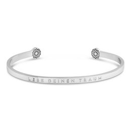 Delicate silver or gold-tone charm bracelet with engraved text and crystal accents.
