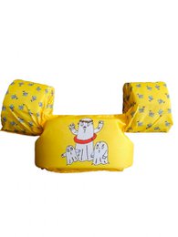 Tropical-themed kids' life vest in green with colorful floral and animal print design. Provides buoyancy and safety for water activities.