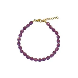 Garnet gemstone bracelet with gold-tone accents. Features a strand of round, faceted garnet beads in a deep purple hue, accented by a gold-tone clasp and chain.