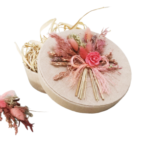 Linnen ronde doos met bloemen 15cm pink