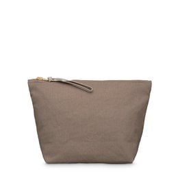 Triangular yellow toiletry bag made of durable canvas material, available in small and medium sizes.