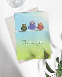 Colorful thank you card featuring three adorable owls perched on a branch against a blurred nature background.