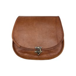  A genuine leather crossbody bag in a classic brown color. The bag features a flap closure with a metal hardware detail. The bag has a rectangular shape and a compact size, suitable for everyday use.