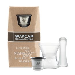 A compact, stainless steel espresso capsule kit with a reusable filter and tamper for making high-quality espresso at home.