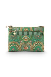  A set of two green cosmetic bags with a floral and striped pattern, measuring 26x7.5x18cm and 22x1x13cm.