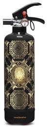 A decorative fire extinguisher with a Medusa design, featuring a black body with intricate gold and red patterns.