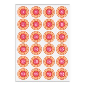 24 schöne Advents Aufkleber mit den Zahlen 1 - 24 auf Blätter Kranz, orange rosa, MATTE Papieraufkleber für Adventskalender(ø 45mm; 24 Zahlen) Farbe 1