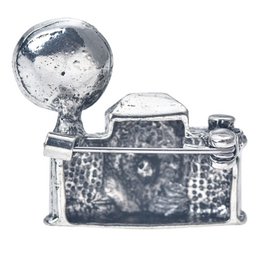 Silver-colored brooch in the shape of a frog with decorative elements.