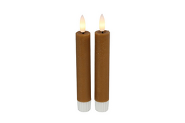 Rustic LED candles in amber color, cylindrical shape, 2.2 cm diameter, 15 cm height.