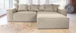 Dusty beige L-shaped sofa with exclusive corduroy fabric from Belgium company BRUTEX.