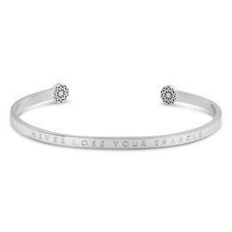 Delicate silver-toned charm bracelet with engraved message "Never Lose Your Sparkle" and decorative crystal accents.
