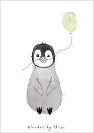 A black and white illustration of a cute penguin holding a green balloon. The text "Waddled by Fliss" is included at the bottom of the image.