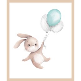  'A cute rabbit holding colorful balloons, perfect for a kids room poster. The product is available in multiple sizes with or without a frame.'

The image shows a cute, soft-looking rabbit holding colorful balloons. This would make a lovely poster for a child's room, with the rabbit's playful and whimsical design. The product is available in multiple sizes, including 30x40cm, 40x50cm, and 50x70cm, and can be purchased either with or without a frame. The colors and style of the illustration would complement a variety of nursery or kids' room decor.
