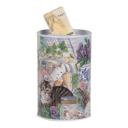  A round, metal money box featuring a colorful illustration of cats and flowers. The money box is approximately 8 cm in diameter and 13 cm in height.