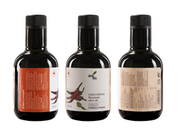 Chili pepper flavored olive oil in a 250ml bottle. The oil has a rich, spicy flavor from the addition of chili peppers.