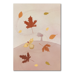 Autumn leaves card with colorful maple leaves in various shades of red, orange, and yellow against a neutral background.