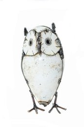  A small, white metal owl sculpture with detailed features and a standing pose, suitable for garden decor.