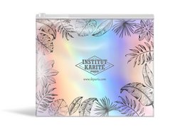 A large, holographic pouch with a tropical floral design. Made of durable material, perfect for carrying essentials.