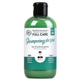 Green bottle of Full Care Shampoo for Men with beard and hair care ingredients. Suitable for daily use.