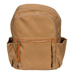 Khaki backpack with multiple pockets and zippers for storage and organization.