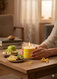  Yellow scented candle with lemon, kiwi, apple aroma. Cotton wood wick. Citrus fruit fragrance candle Good Vibes.