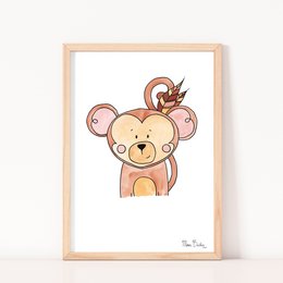 'Cute cartoon monkey illustration in a kids room poster. Includes details about the product like colors, materials, and style.'

The image shows a cute cartoon illustration of a monkey with large ears and a bow on its head. The monkey has a friendly, playful expression. The image is suitable for a kids room poster or wall art.

The key details that can be extracted from the image are:
- Colors: Primarily orange, pink, and brown tones
- Style: Cartoon, whimsical illustration of an animal character
- Shape: Round, plump monkey figure with large ears
- Textual elements: None

This image would be well-suited for a search related to 'monkey' or 'kids room decor', as it depicts a charming, illustrated animal that could be featured on various products like posters, t-shirts, or home goods for a child's space.