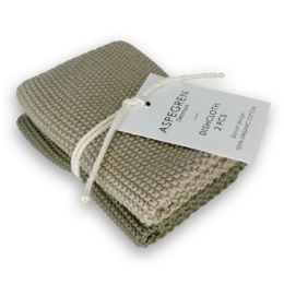 Olive-colored knitted dishcloths, set of 2, made of solid, textured material.