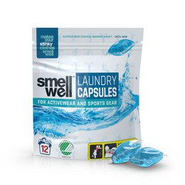  Laundry capsules in a blue and white package. The capsules are designed for activewear and sports gear. The package includes icons indicating the product's features.