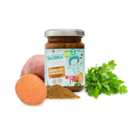 Moroccan sauce with spices for babies, 100% organic and natural, from 8 months, 130g. The sauce is made with natural ingredients like carrots, parsley, and spices, suitable for babies from 8 months old.