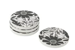 "Black and white floral flower coasters wood round set of 4 botanical design"