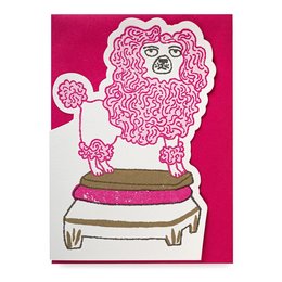 Whimsical pink poodle cut-out card with decorative design elements.