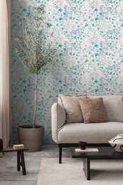  Vintage-inspired floral wallpaper in shades of blue and green, featuring a repeating pattern of flowers and leaves. Suitable for use in living rooms, bedrooms, or other spaces.