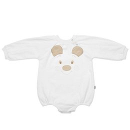 Oversized white romper with teddy bear design, made of soft, cozy material. Features a round neckline and snap closures for easy dressing.