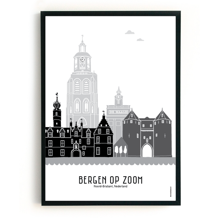 Poster skyline Bergen op Zoom zwart-wit-grijs