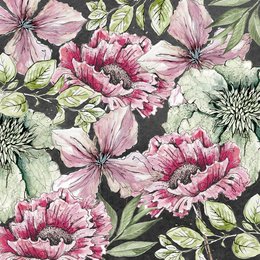 Vibrant floral pattern with large pink flowers, green leaves, and intricate details. Suitable for a variety of products such as greeting cards, stationery, or home decor.