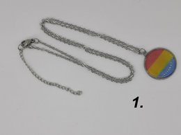  A set of three demi gender pride necklaces with circular pendants in pastel colors on a silver chain.