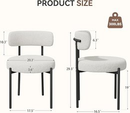  "Set of 6 cream teddy fabric dining chairs, round seat, metal legs, mid-century modern, armless, padded bouclé"