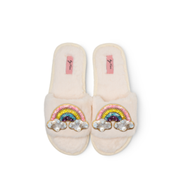  Pair of rainbow brooches, colorful embroidered design, soft plush material, cozy slippers with rainbow motif.