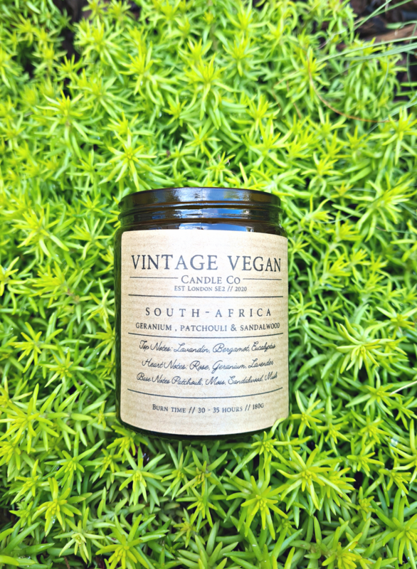 Südafrika Geranium, Patschuli und Sandelholz Vintage Vegan Reisekerze