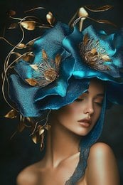 Blue artistic woman portrait with gold leaf butterfly wing headdress, surreal fantasy art painting