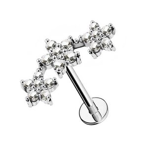 Three-Flower Curved Labret Helix Piercing with Zirconia