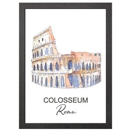 Iconic Roman landmark, the Colosseum, depicted in a watercolor-style illustration. Wall art featuring the historic amphitheater in shades of beige, blue, and gray.