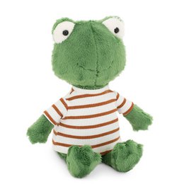 Soft, plush frog toy with striped shirt, perfect for children's playtime and cuddles.