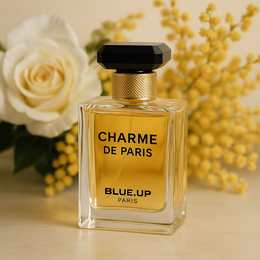Charming perfume by Blue Up, Paris. Floral, feminine scent in a glass bottle with gold accents.