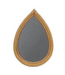  A teardrop-shaped wall mirror with a wooden frame in a natural finish. The mirror has a simple, elegant design that would complement a variety of decor styles.