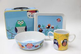 Ugler, Børnemadssæt, 4 stk service med kuffert, porcelæn