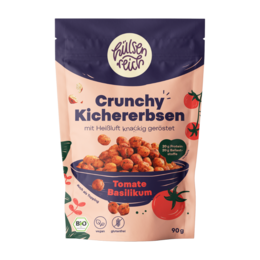 Crunchy chickpeas with tomato and basil flavor. Standard pouch, labeled bag, and 500g bag available. Vegan, gluten-free, and high in protein (23g per 100g).