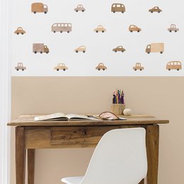 'Wall stickers featuring a variety of cars and trucks in shades of blue, brown, yellow, and green. Suitable for decorating a kids room or nursery.'

The wall stickers feature a variety of cars and trucks in different colors including blue, brown, yellow, and green. The shapes and styles of the vehicles include sedans, vans, and trucks, making this a versatile set for decorating a kids room or nursery. The stickers can be used to create a fun, playful design that will appeal to young children interested in vehicles.