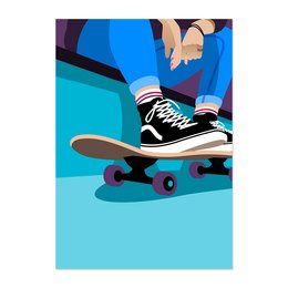 A colorful illustration of a person's feet on a skateboard, featuring black and white sneakers and a blue background. This image suggests a product related to skateboarding or youth culture.